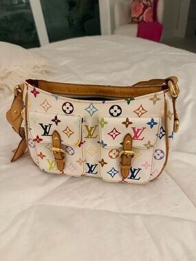 Louis Vuitton White Multicolor Monogram Shoulder Bag with Tan Trim
